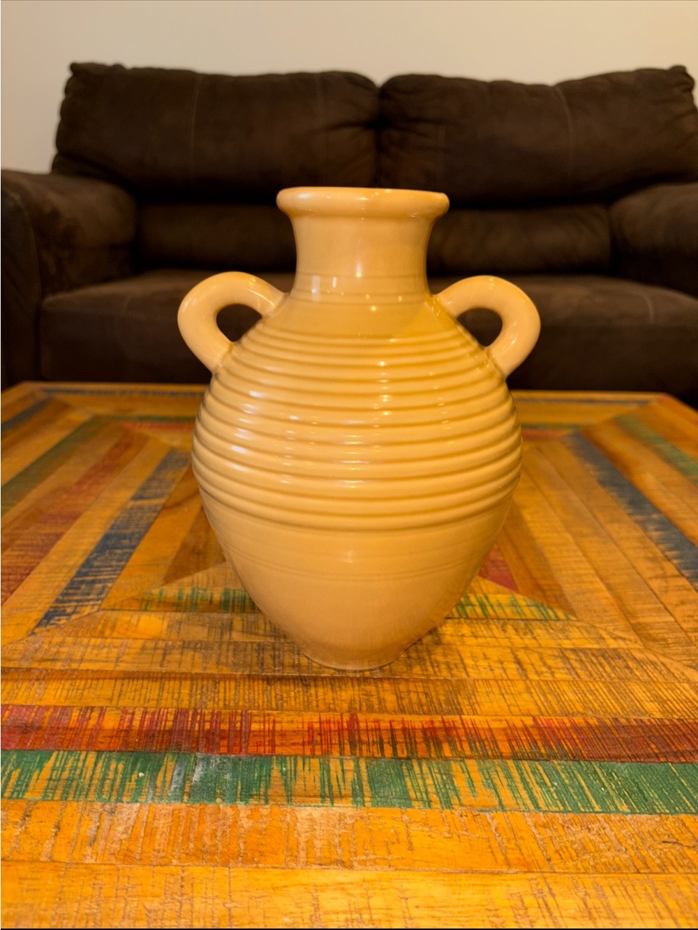 Southern Living At Home Tuscan Verona  Yellow Glazed Ribbed Double-Handle Vase